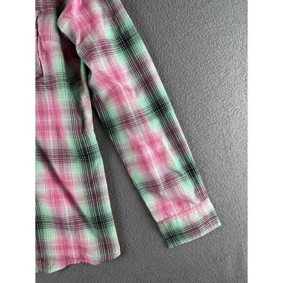 Wrangler Shirt Women L Pink Green Flannel Pearl Snap Western Cowgirl Rodeo Ranch - Picture 2 of 12